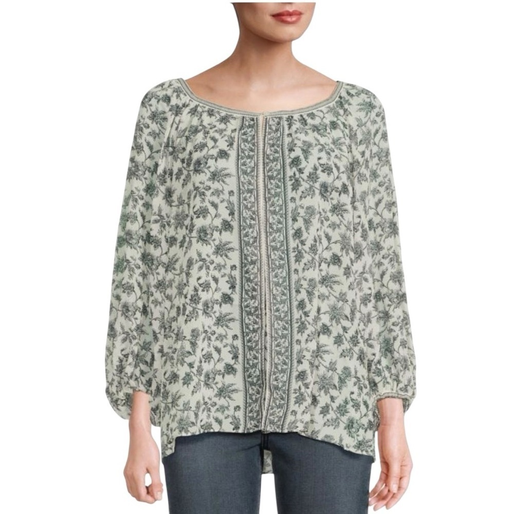 Max Studio Printed Floral Green Blouse with elastic cuffs NWT L